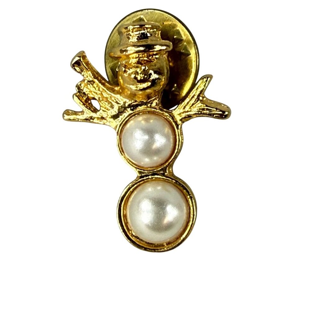 Gold Tone Snowman Lapel Tie Pin Brooch Faux Pearl Body Christmas Holiday Winter